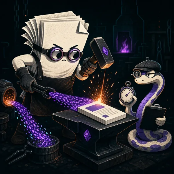 A paper blacksmith forging PDF data while a Python snake measures its speed