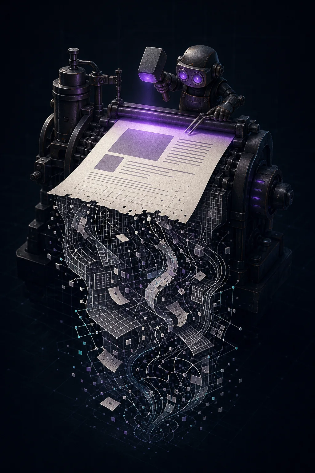 A machine forges a clean PDF page while its internal structure unravels into objects and coordinates